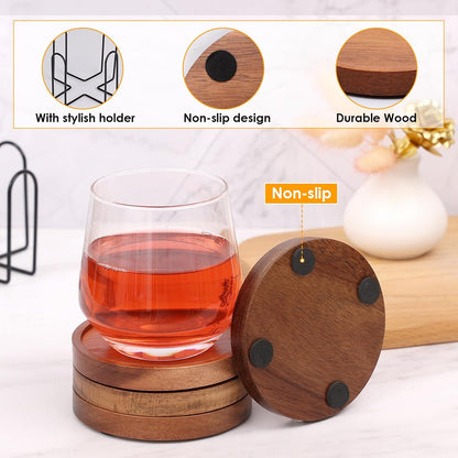 4 Pcs Acacia Coasters for Drinks Absorbent, Wood Coasters with Holder, Drink Coasters for Coffee Table, Absorbent Coaster Set for Table Protection Drink Coasters for Farmhouse, Office, Bar