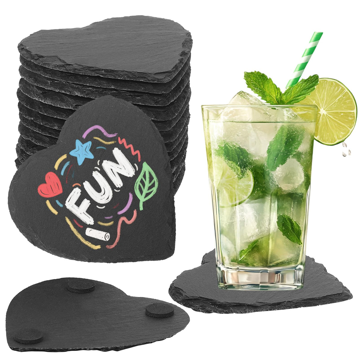 24 PCS Slate Coasters Black Square 4 Inch Bulk Rock, Blank Laser Engraving, Scratch Resistant Bottom, Home Office Kitchen Gift Wedding Bar Party