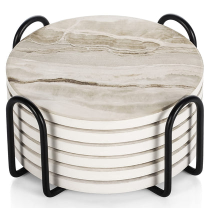 LIFVER Absorbent Coaster Sets of 4, Drink Coasters with Holder, Marble Style Ceramic Drink Coaster for Tabletop Protection, Suitable for Kinds of Cups, Wooden Table, Cool Home Decor, 4 Inches