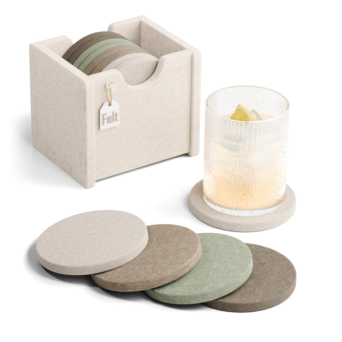 Fluxynara Felt Coasters with Holder, Set of 8 for Drinks, Oatmeal
