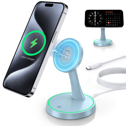 Magnetic Wireless Charger Stand 15W Fast Mag-Safe Charger for iPhone 18 Pro / 18 Pro Max 17/16/15/14/13/12 Series Magnet Wireless Charging Station/Pad with Sleep-Friendly Light for AirPods