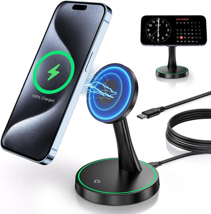 Magnetic Wireless Charger Stand 15W Fast Mag-Safe Charger for iPhone 18 Pro / 18 Pro Max 17/16/15/14/13/12 Series Magnet Wireless Charging Station/Pad with Sleep-Friendly Light for AirPods