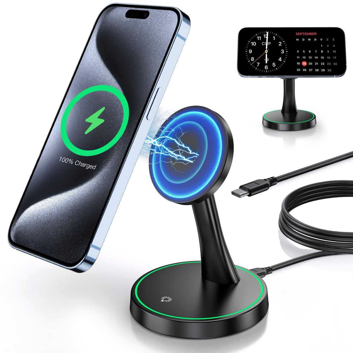 Magnetic Wireless Charger Stand 15W Fast Mag-Safe Charger for iPhone 18 Pro / 18 Pro Max 17/16/15/14/13/12 Series Magnet Wireless Charging Station/Pad with Sleep-Friendly Light for AirPods