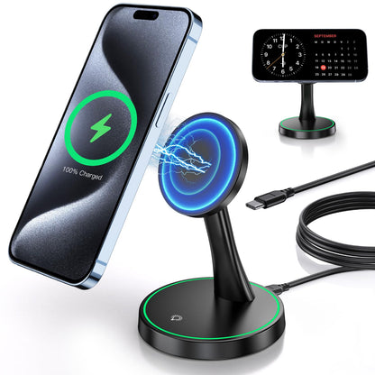 Magnetic Wireless Charger Stand 15W Fast Mag-Safe Charger for iPhone 18 Pro / 18 Pro Max 17/16/15/14/13/12 Series Magnet Wireless Charging Station/Pad with Sleep-Friendly Light for AirPods