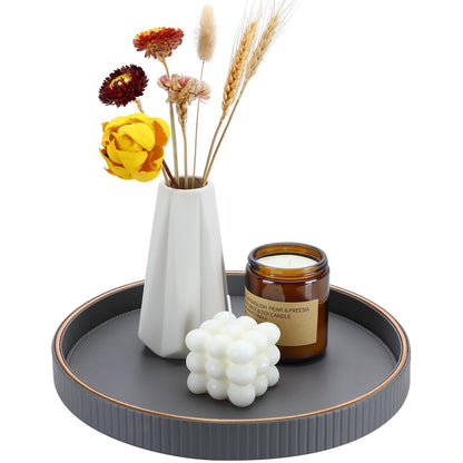 KINGFOM Round PU Leather Decorative Tray with Gold Trim, Catchall Tray for Jewelry, Keys & Small Accessories, Modern Vanity Tray for Dresser, Entryway & Bathroom Counter (Ivory White)