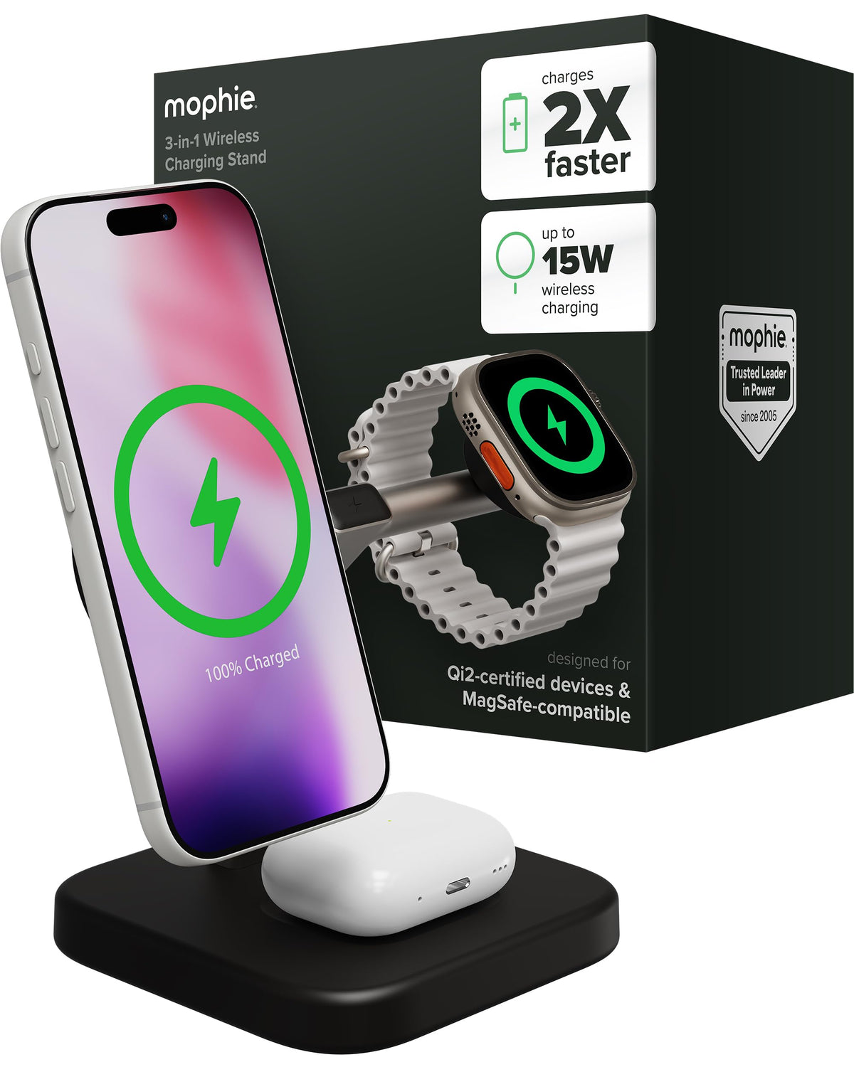 Mophie 3-in-1 Wireless Charging Stand - Qi2-Certified w/Up to 15W Power