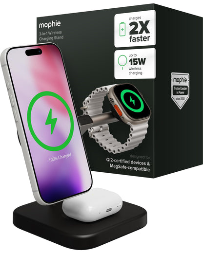 Mophie 3-in-1 Wireless Charging Stand - Qi2-Certified w/Up to 15W Power