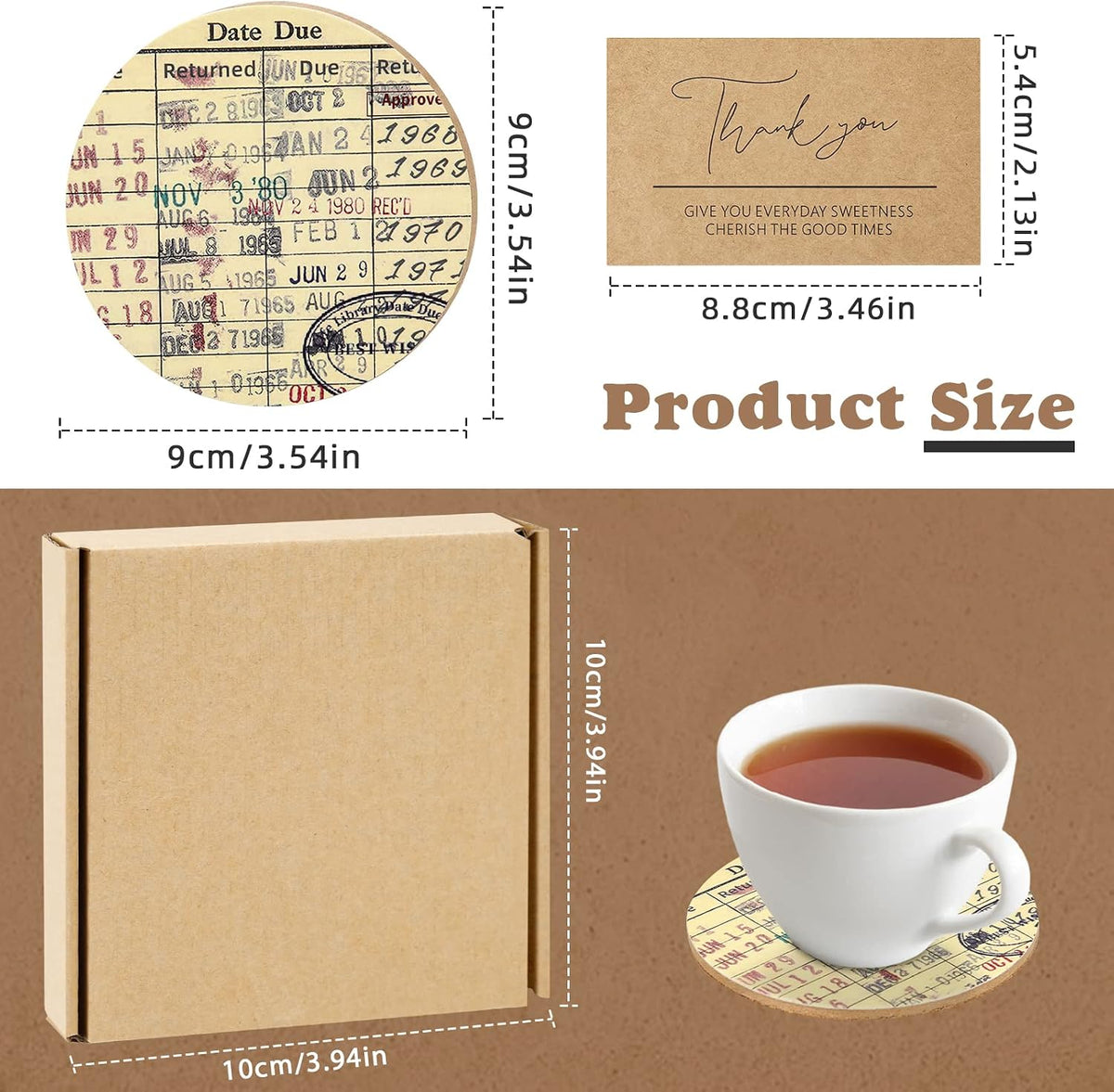 Vintage Library Due Date Card Coaster Set with Gift Card