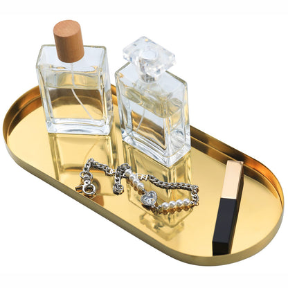 FREELOVE Mirror Gold Tray for Bathroom Vanity Perfume, Small Brass Metal Decorative Trays, Rectangle Round Oval Trinket for Napkin Glass Soap Sink Decanter Towel Candle Jewelry, 3.7''X9''
