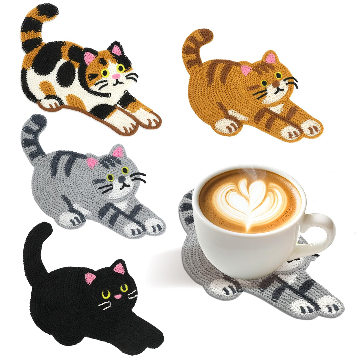 Cute Cat Coasters for Desk, Funny Woven Coaster for Decoration, Creative Gifts for Cat Lovers, Crochet Insulation Knitted Coasters for Coffee Tea Table Desktop Protection (4, Style B)