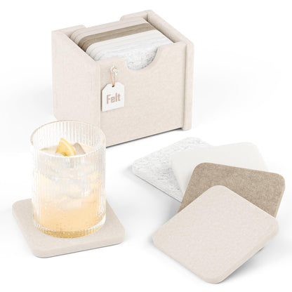 Fluxynara Felt Coasters with Holder, Set of 8 for Drinks, Oatmeal