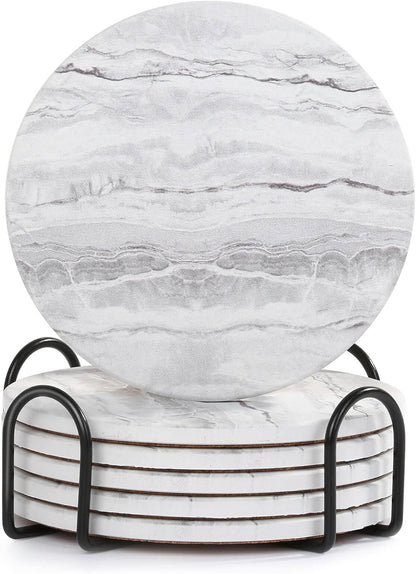 Acejoz Drink Coasters with Holder for Coffee Table, Absorbent Coaster Set of 6, Marble Style Ceramic Coaster for Wooden Table, Suitable for Kinds of Cups, Home Decor, 4 Inches