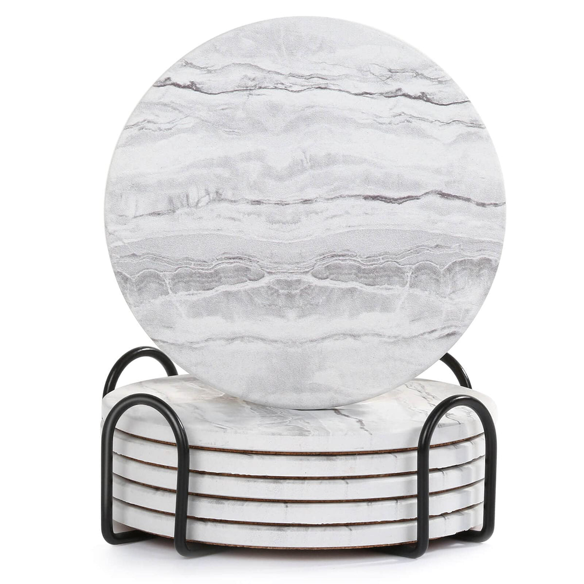 Acejoz Drink Coasters with Holder for Coffee Table, Absorbent Coaster Set of 6, Marble Style Ceramic Coaster for Wooden Table, Suitable for Kinds of Cups, Home Decor, 4 Inches