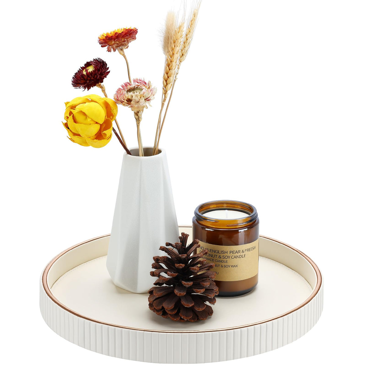 KINGFOM Round PU Leather Decorative Tray with Gold Trim, Catchall Tray for Jewelry, Keys & Small Accessories, Modern Vanity Tray for Dresser, Entryway & Bathroom Counter (Ivory White)