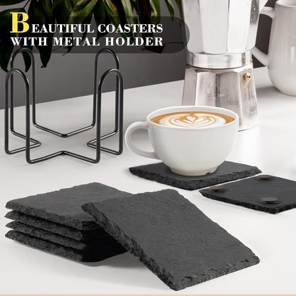 Slate Coasters Set of 8 with Metal Holder, Modern Stone Coasters for Drinks