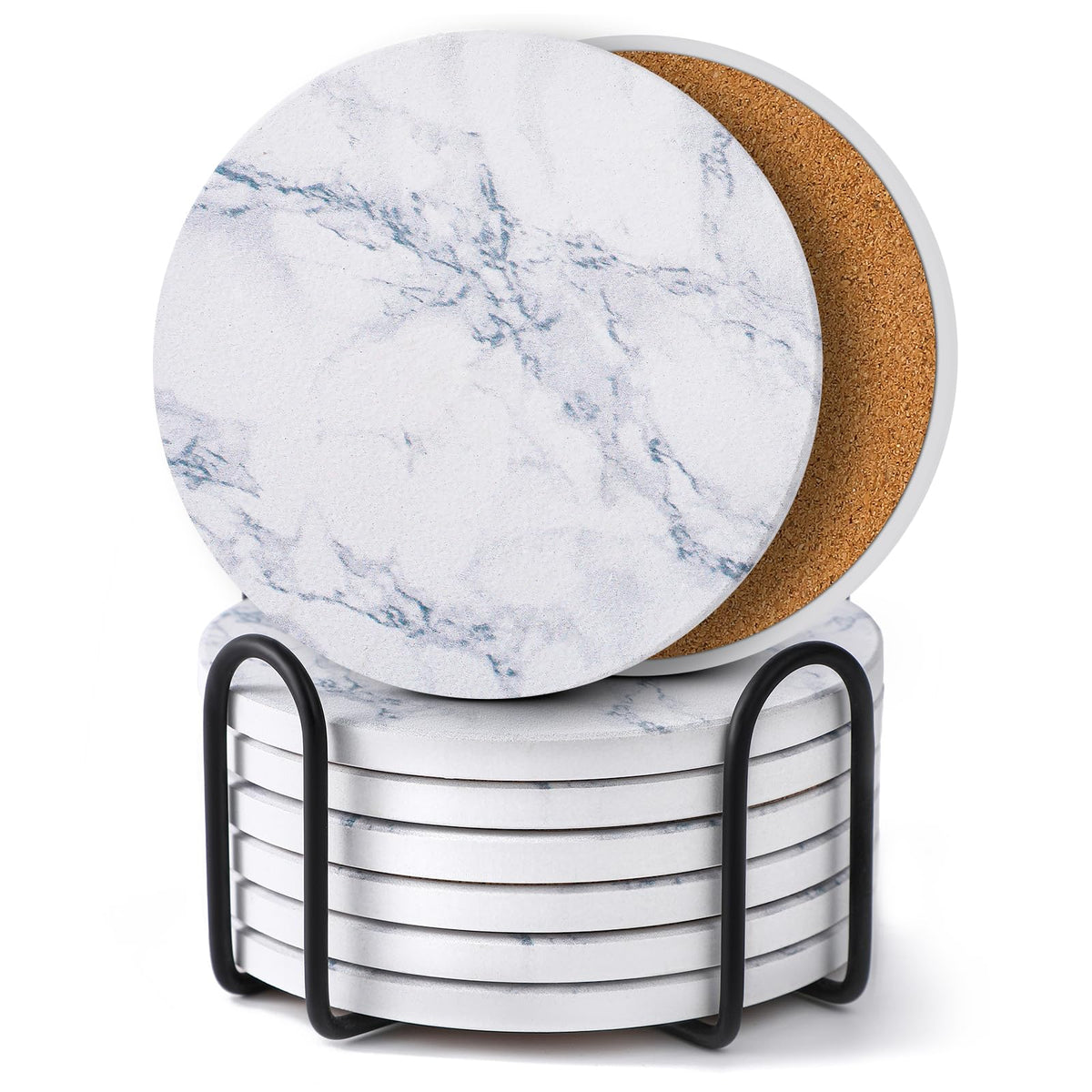 LIFVER Absorbent Coaster Sets of 4, Drink Coasters with Holder, Marble Style Ceramic Drink Coaster for Tabletop Protection, Suitable for Kinds of Cups, Wooden Table, Cool Home Decor, 4 Inches