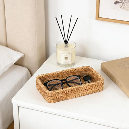 Small Rattan Serving Tray, Natural Wicker Decorative Tray (8.2" × 4.3")