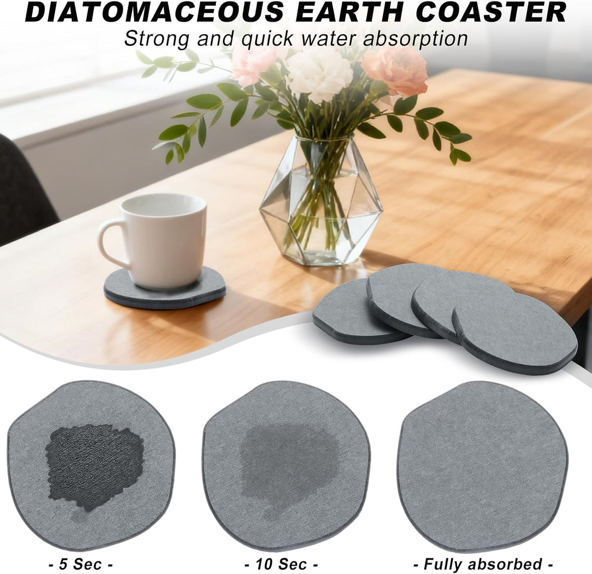 Azhou 2Pcs Absorbent Diatomaceous Earth Coasters Set with Velvet Bottom