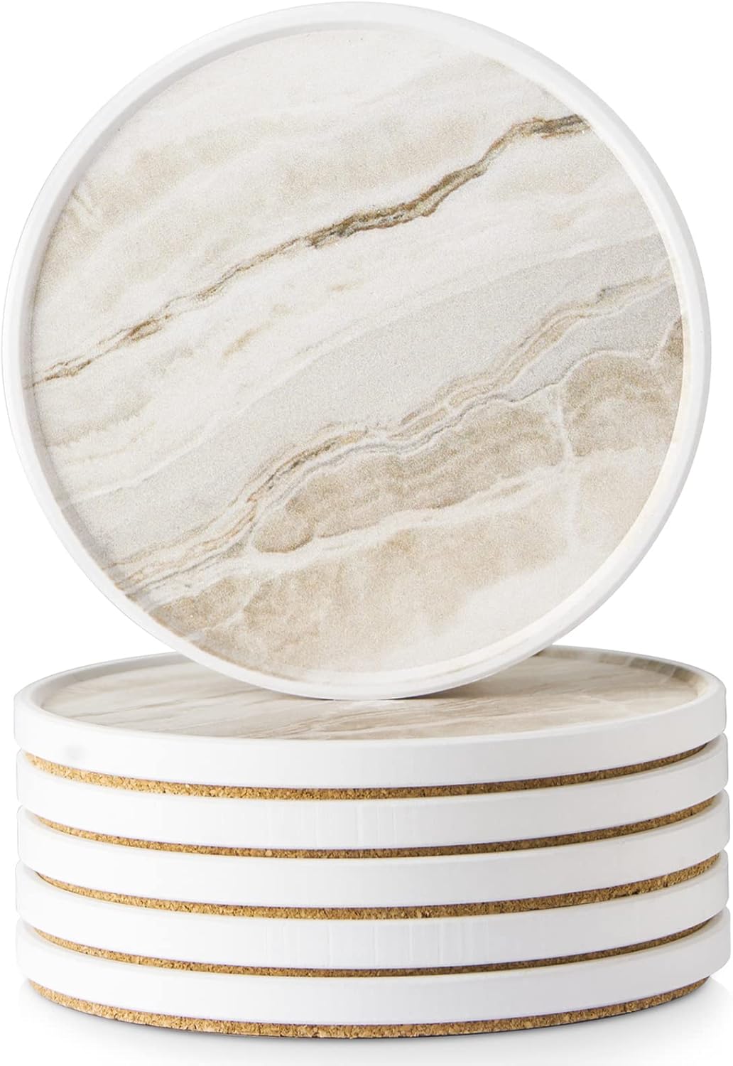 LIFVER Coasters for Coffee Table, Coasters for Drinks Absorbent, Drink Coasters, Housewarming Gift, Home Decor, Set of 6, Farmhouse Coaster Set with Holder, 4 Inches, Sandstone Style