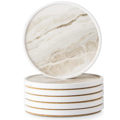 LIFVER Coasters for Coffee Table, Coasters for Drinks Absorbent, Drink Coasters, Housewarming Gift, Home Decor, Set of 6, Farmhouse Coaster Set with Holder, 4 Inches, Sandstone Style