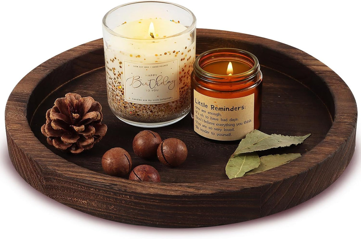 Hatway Wooden Decorative Tray Candle Holder Round Wood Tray Home Decor,Centerpieces Plates for Table centerpieces for CoffeeTable,Christmas Decor