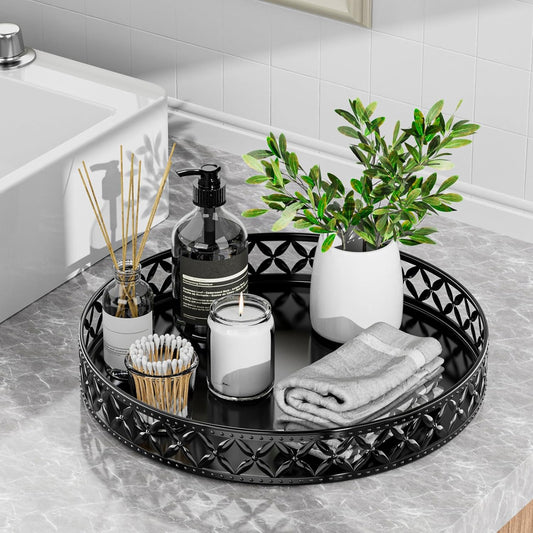 Vanity Tray for Bathroom Counter - 11 Inch Round Black Decorative Tray
