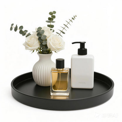 Bathroom Vanity Tray, 1 Pack 9" ABS Black Round Vanity Trays for Bathroom Counter, Dresser Decor Trays for Perfume, Candles, Keys, Kitchen Countertop Organizer, Decorative Tray Soap Holder
