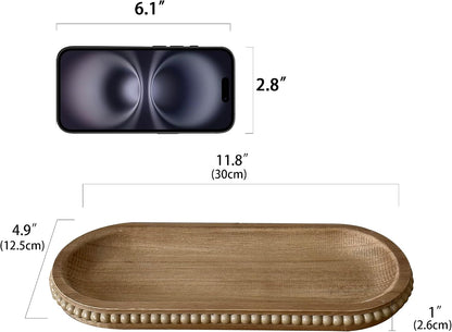 dwellington Wooden Farmhouse Decorative Tray, 11.8in Rustic Beaded Tray for Living Room Decor, Kitchen Table Décor, Oval Coffee Table Serving Tray (Natural)