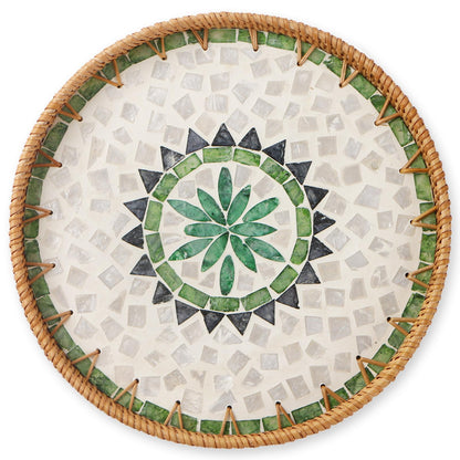 Round Rattan Tray with Mother of Pearl Inlay, Wooden Base