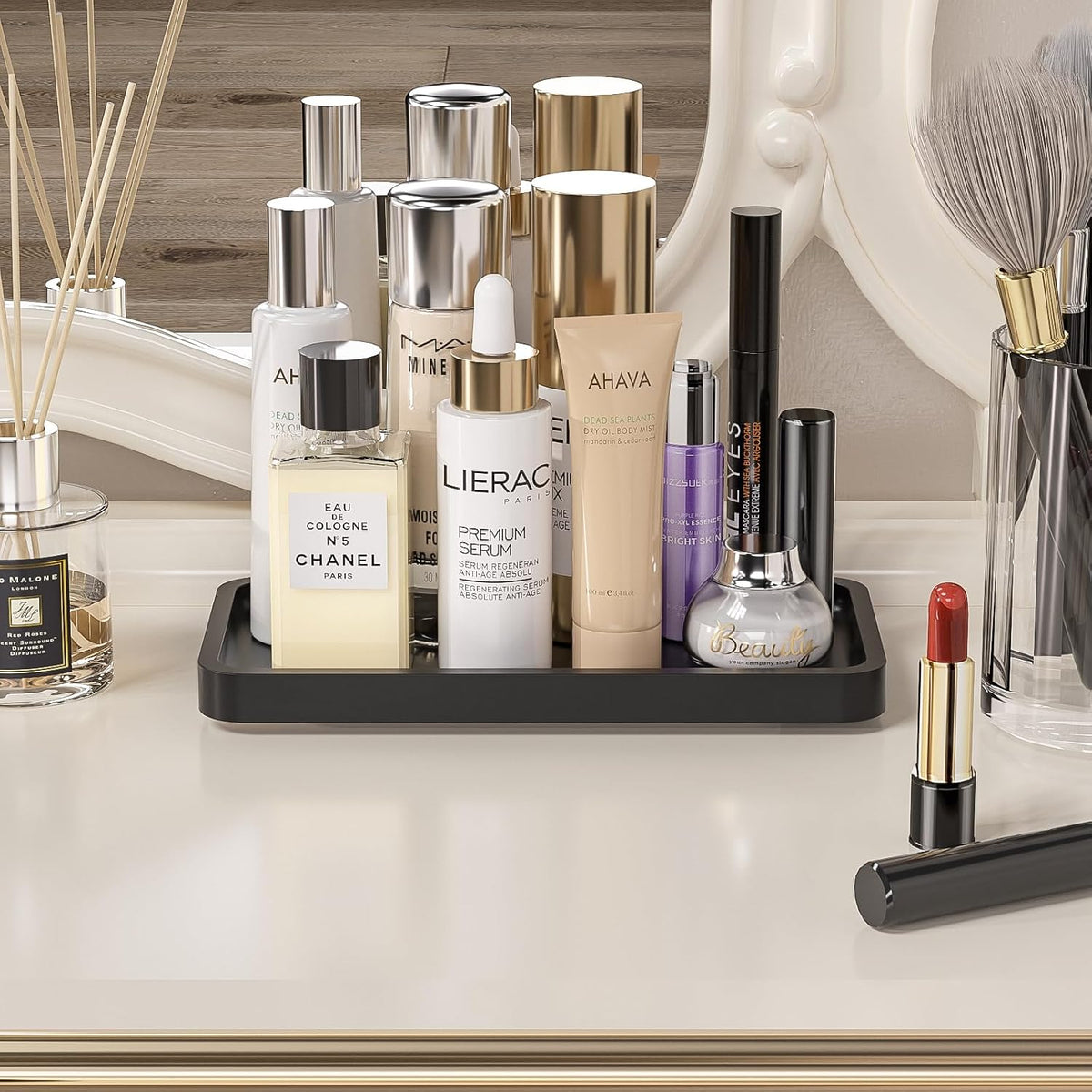 Weenson Small Bathroom Vanity Tray for Countertop Makeup Perfume Jewelry Decor Candle Keys, Small Black Kitchen Tray for Soap Dispenser Spice Bamboo Toilet Tray 7.9" L x 4" W x 0.79" H