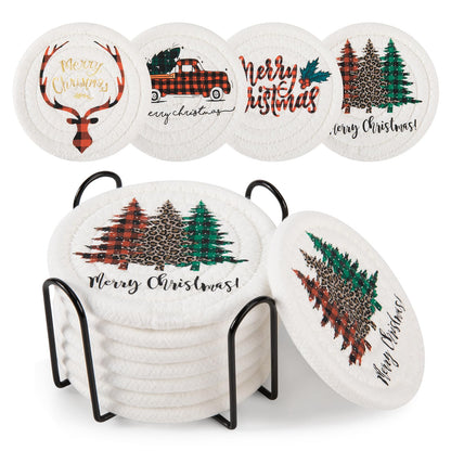OIAHOMY 8 Pcs Coasters with Holder for Beer, Coffee, Woven Cotton Coaster Set for Table Decor for Kitchen, Bar, Dining Room, Living Room, Housewarming Gifts - Yellow
