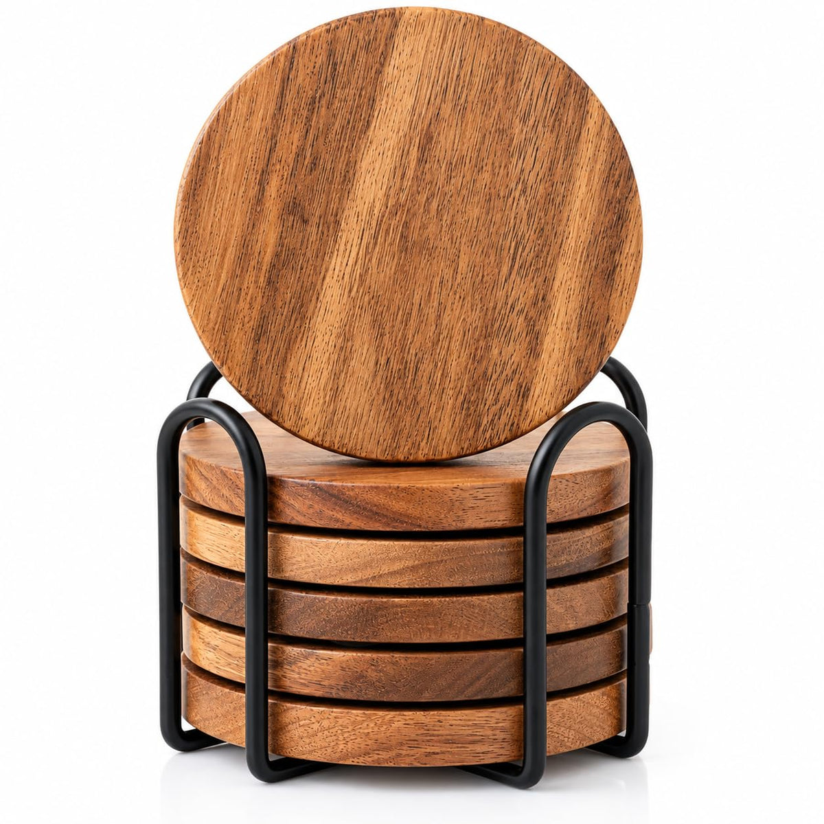 Acacia Wood Round Coasters Set of 6 with Holder – Absorbent Drink Coasters for Coffee & Dining Tables, Farmhouse Home Decor Bar Accessories, Housewarming Gift