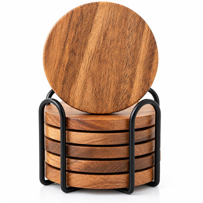 Acacia Wood Round Coasters Set of 6 with Holder – Absorbent Drink Coasters for Coffee & Dining Tables, Farmhouse Home Decor Bar Accessories, Housewarming Gift