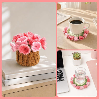 Flower Crochet Coasters Set of 2, Handmade Drink Coasters with Plant Pot Holder, Cute Coasters for Desk or Coffee Table, Floral Home Decor