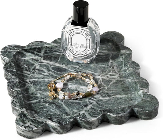 Marble Decorative Tray, Green Square Scalloped Vanity Tray for Coffee Table Decor, Vintage Jewelry Trinket Dish for Rings Earrings, Unique Natural Necklaces Holder for Mom, Nightstand Tray