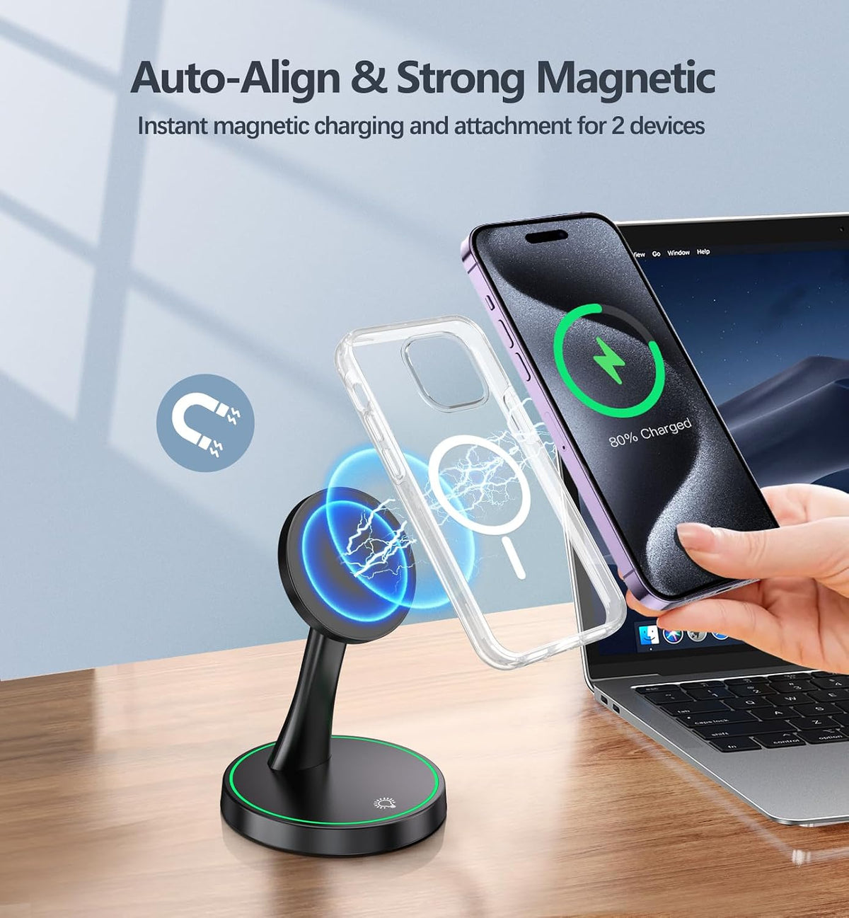 Magnetic Wireless Charger Stand 15W Fast Mag-Safe Charger for iPhone 18 Pro / 18 Pro Max 17/16/15/14/13/12 Series Magnet Wireless Charging Station/Pad with Sleep-Friendly Light for AirPods