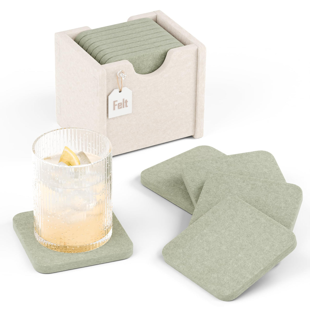 Fluxynara Felt Coasters with Holder, Set of 8 for Drinks, Oatmeal