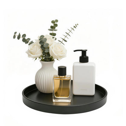 Bathroom Vanity Tray, 1 Pack 9" ABS Black Round Vanity Trays for Bathroom Counter, Dresser Decor Trays for Perfume, Candles, Keys, Kitchen Countertop Organizer, Decorative Tray Soap Holder