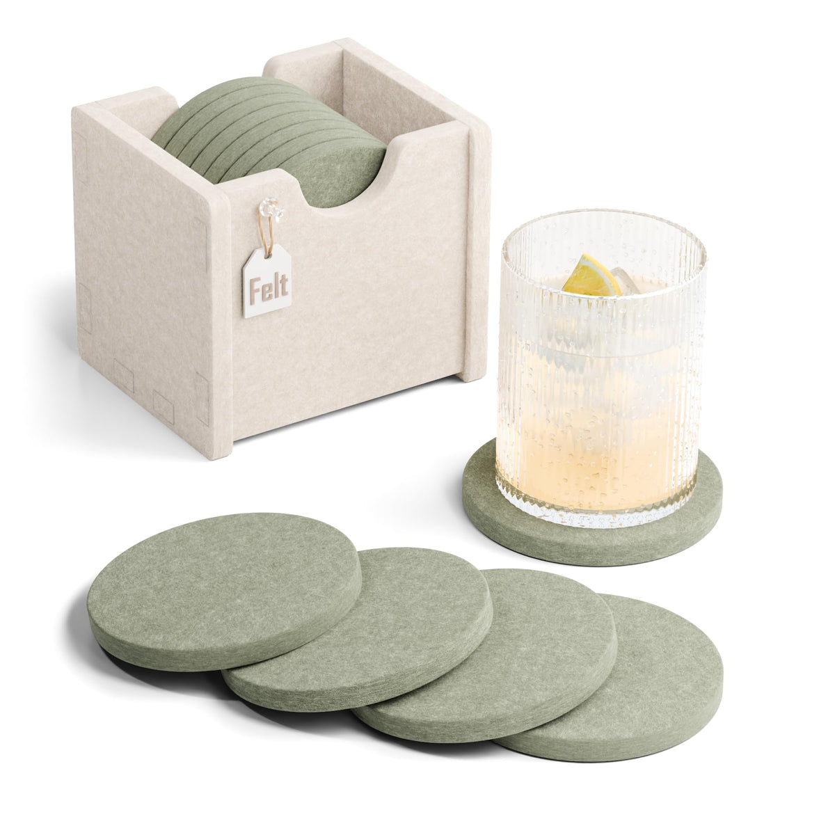 Fluxynara Felt Coasters with Holder, Set of 8 for Drinks, Oatmeal