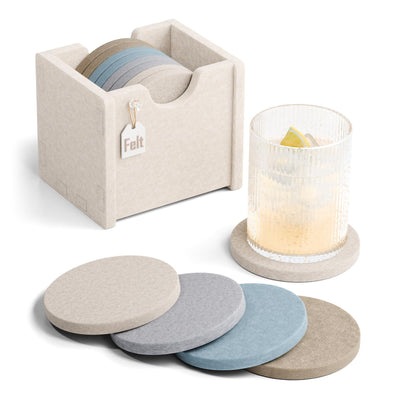 Fluxynara Felt Coasters with Holder, Set of 8 for Drinks, Oatmeal