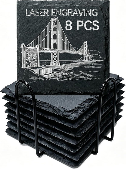 24 PCS Slate Coasters Black Square 4 Inch Bulk Rock, Blank Laser Engraving, Scratch Resistant Bottom, Home Office Kitchen Gift Wedding Bar Party