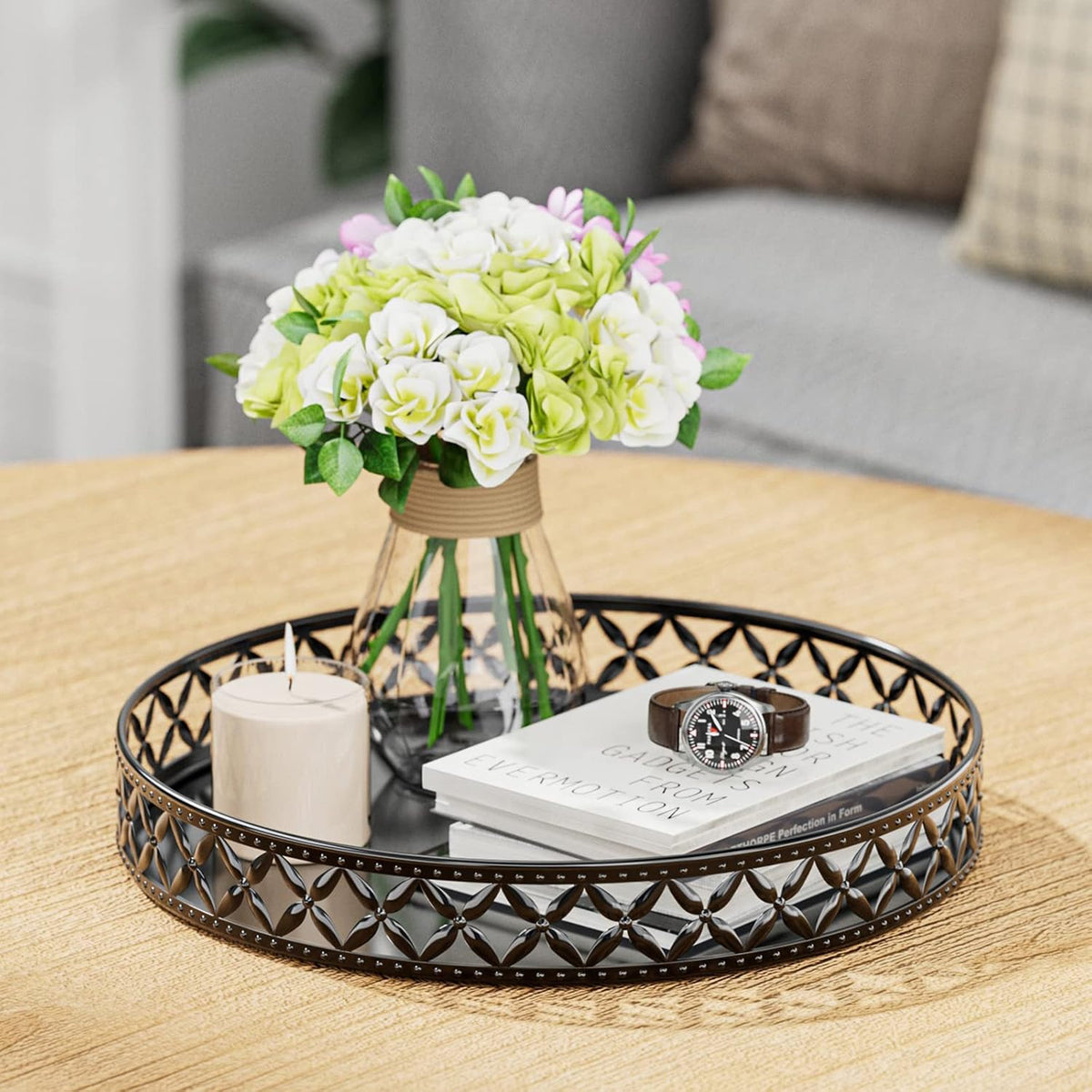 Vanity Tray for Bathroom Counter - 11 Inch Round Black Decorative Tray