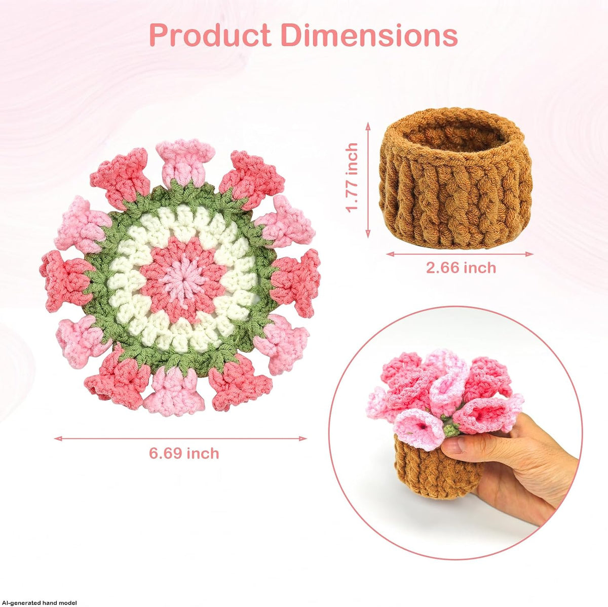 Flower Crochet Coasters Set of 2, Handmade Drink Coasters with Plant Pot Holder, Cute Coasters for Desk or Coffee Table, Floral Home Decor