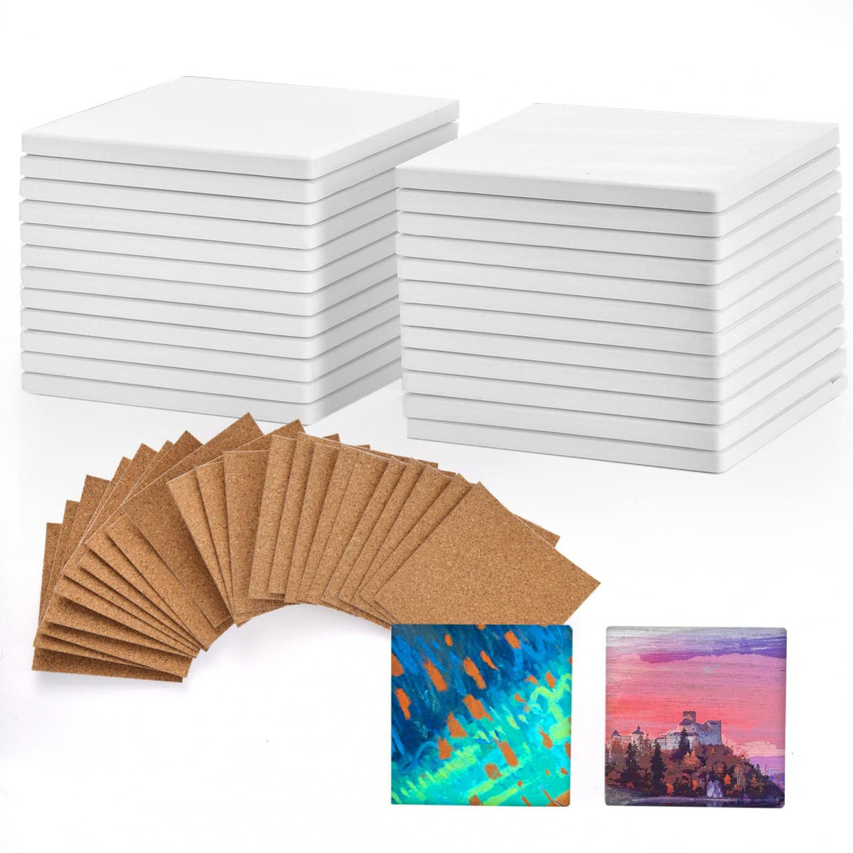 24 Pcs Blank Ceramic Coasters White Ceramic Tiles for Crafts 4x4 in