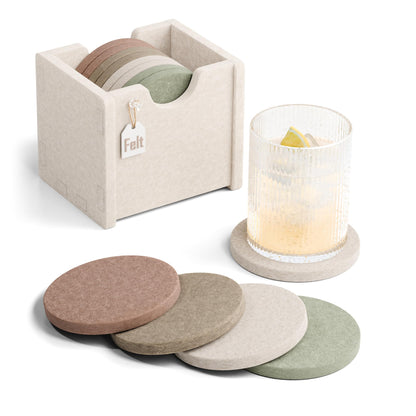 Fluxynara Felt Coasters with Holder, Set of 8 for Drinks, Oatmeal