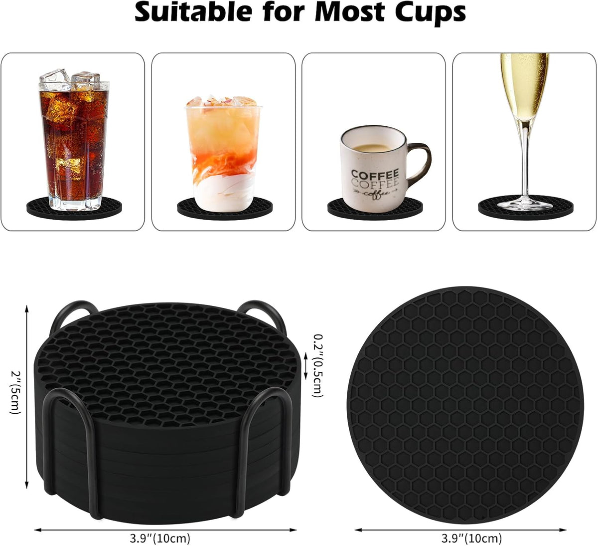 TWTLi 8-Pack Silicone Drink Coasters with Holder, Non-Slip Coaster Set for Coffee Table, Kitchen & Office, Protect Furniture from Water Rings, Heat & Spills, Black