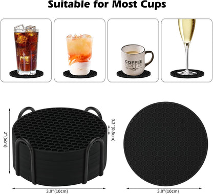 TWTLi 8-Pack Silicone Drink Coasters with Holder, Non-Slip Coaster Set for Coffee Table, Kitchen & Office, Protect Furniture from Water Rings, Heat & Spills, Black