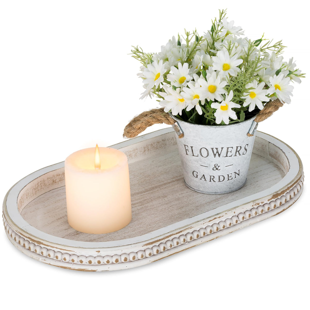 Hanobe 15" White Oval Decorative Trays for Coffee Table Decor, Beaded Edge