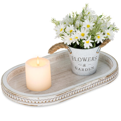 Hanobe 15" White Oval Decorative Trays for Coffee Table Decor, Beaded Edge