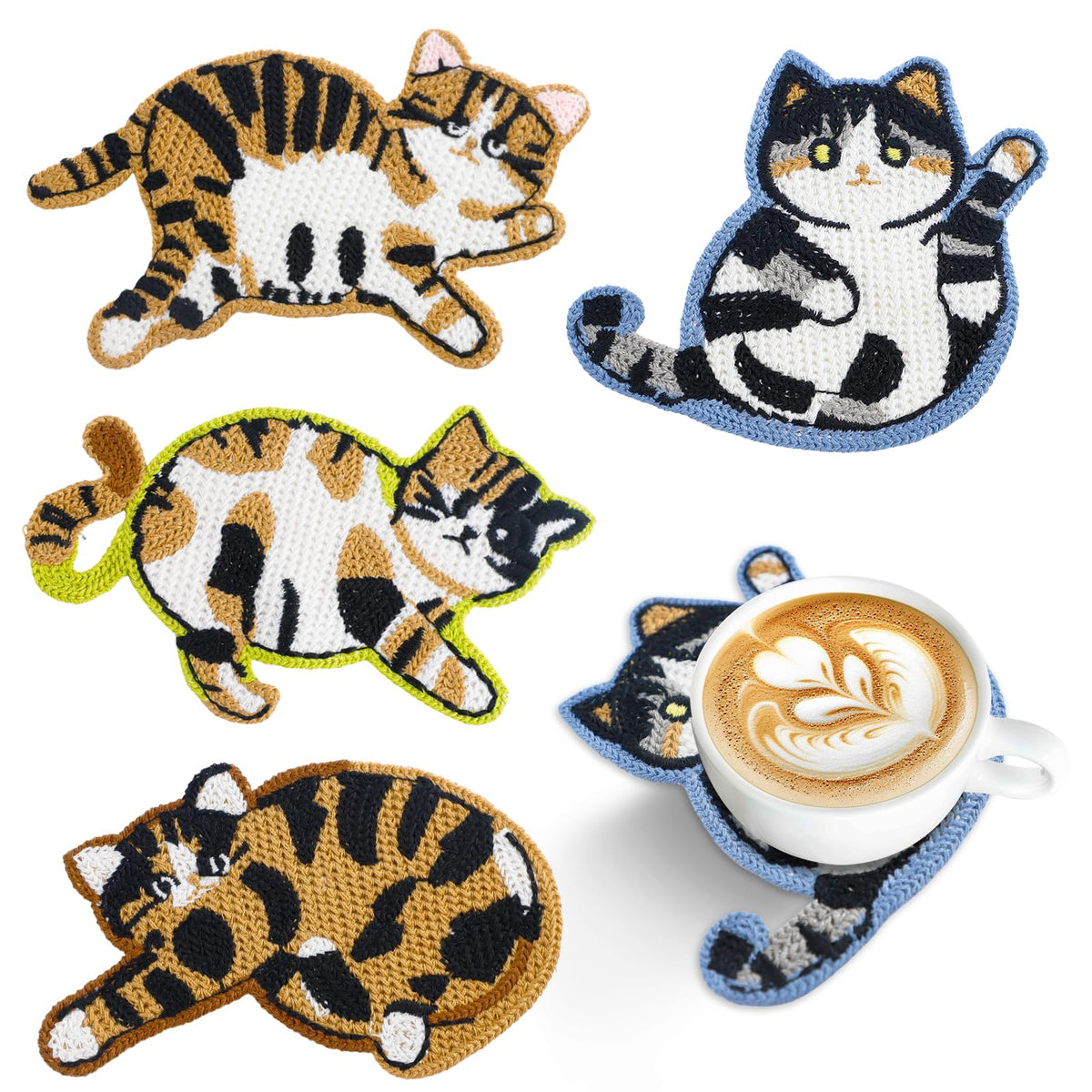 Cute Cat Coasters for Desk, Funny Woven Coaster for Decoration, Creative Gifts for Cat Lovers, Crochet Insulation Knitted Coasters for Coffee Tea Table Desktop Protection (4, Style B)